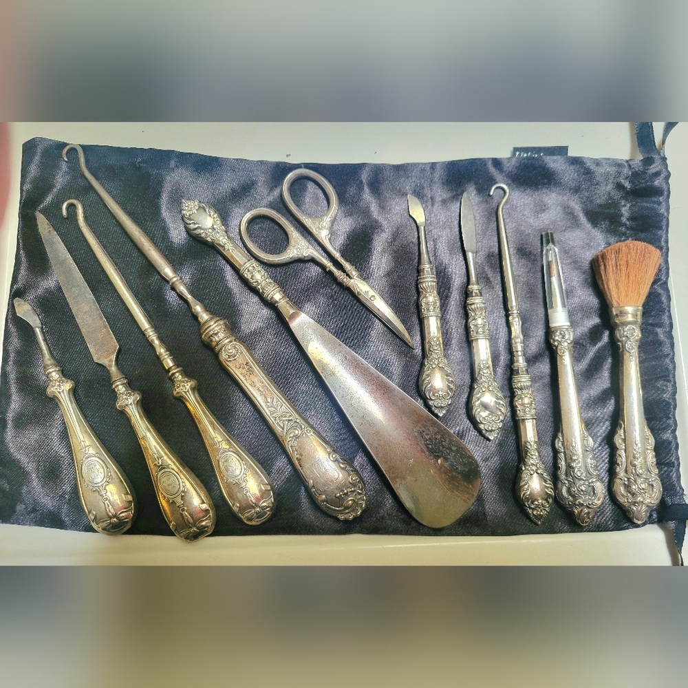 Victorian 1900's 11 Piece Sterling Silver Antique Vanity Kit / Manicure Kit